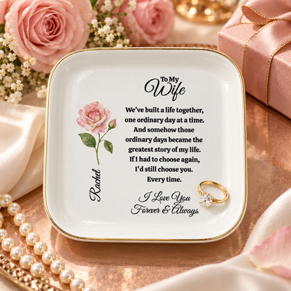 Personalized Wife Birth Flower Jewelry Dish – Romantic Gift for Wife