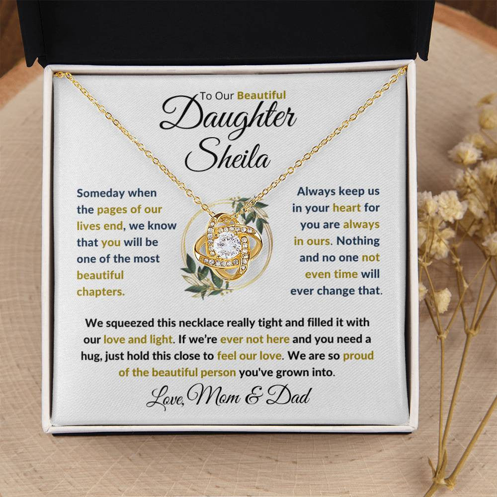 (BEST SELLER 🔥)Personalized To Our Beautiful Daughter (Black & Gold Print).....Love Knot Necklace