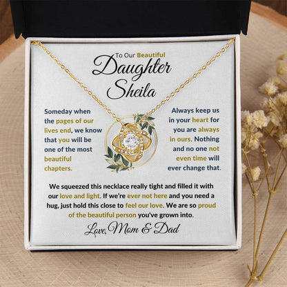 (BEST SELLER 🔥)Personalized To Our Beautiful Daughter (Black & Gold Print).....Love Knot Necklace