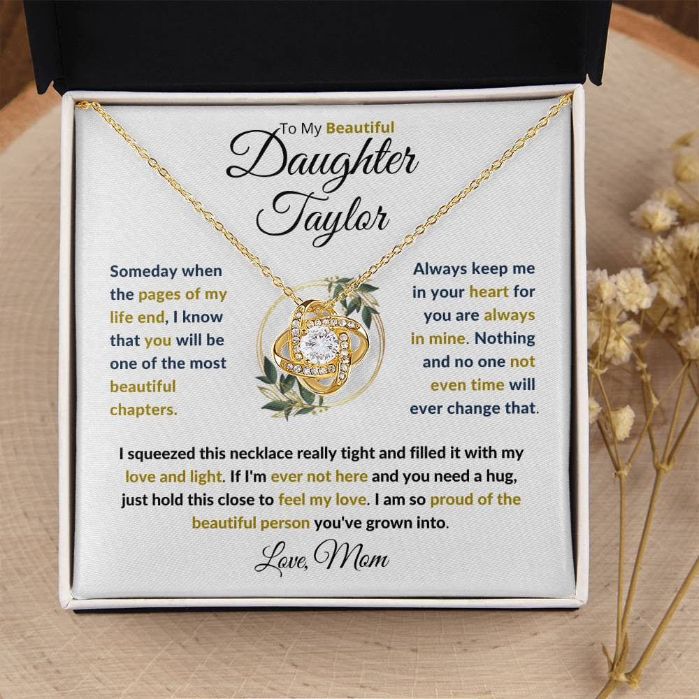 (BEST SELLER 🔥)Personalized To My Beautiful Daughter (Black & Gold Print).....Love Knot Necklace