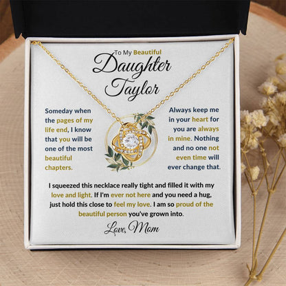(BEST SELLER 🔥)Personalized To My Beautiful Daughter (Black & Gold Print).....Love Knot Necklace