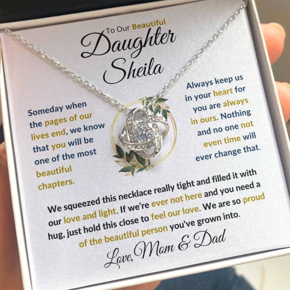 (BEST SELLER 🔥)Personalized To Our Beautiful Daughter (Black & Gold Print).....Love Knot Necklace