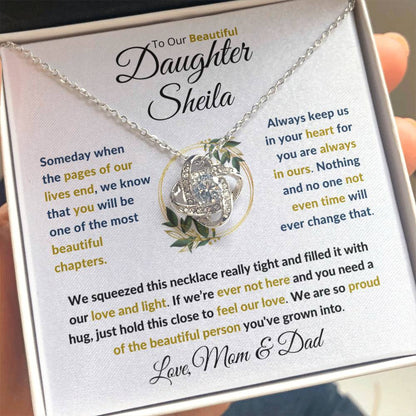 (BEST SELLER 🔥)Personalized To Our Beautiful Daughter (Black & Gold Print).....Love Knot Necklace