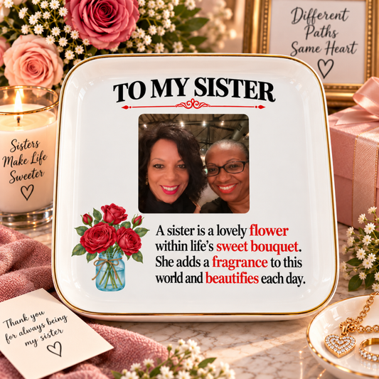 Personalized Sister Jewelry Dish with Photo & Flower
