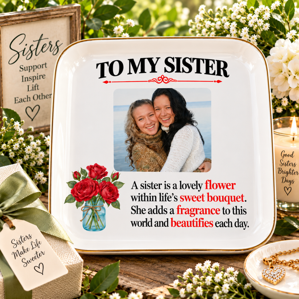 Personalized Sister Jewelry Dish with Photo & Flower