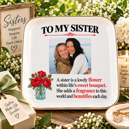 Personalized Sister Jewelry Dish with Photo & Flower